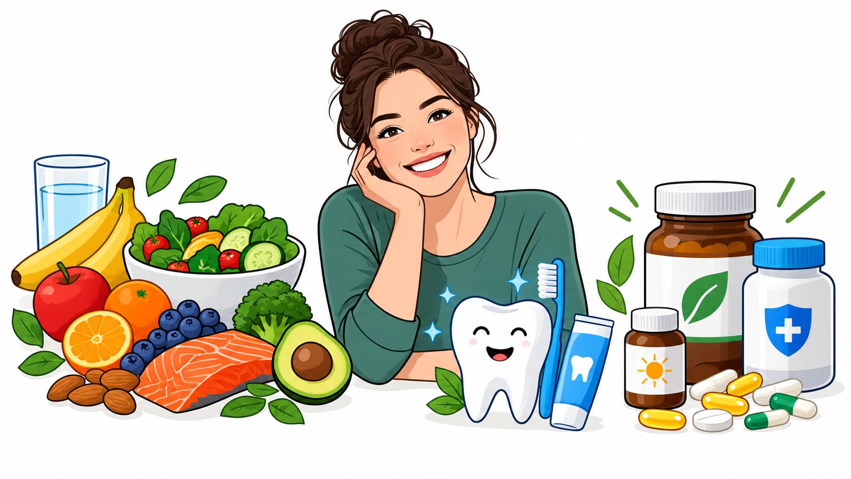 A woman smiling next to healthy foods, dental care products, and various dietary supplement bottles and pills.