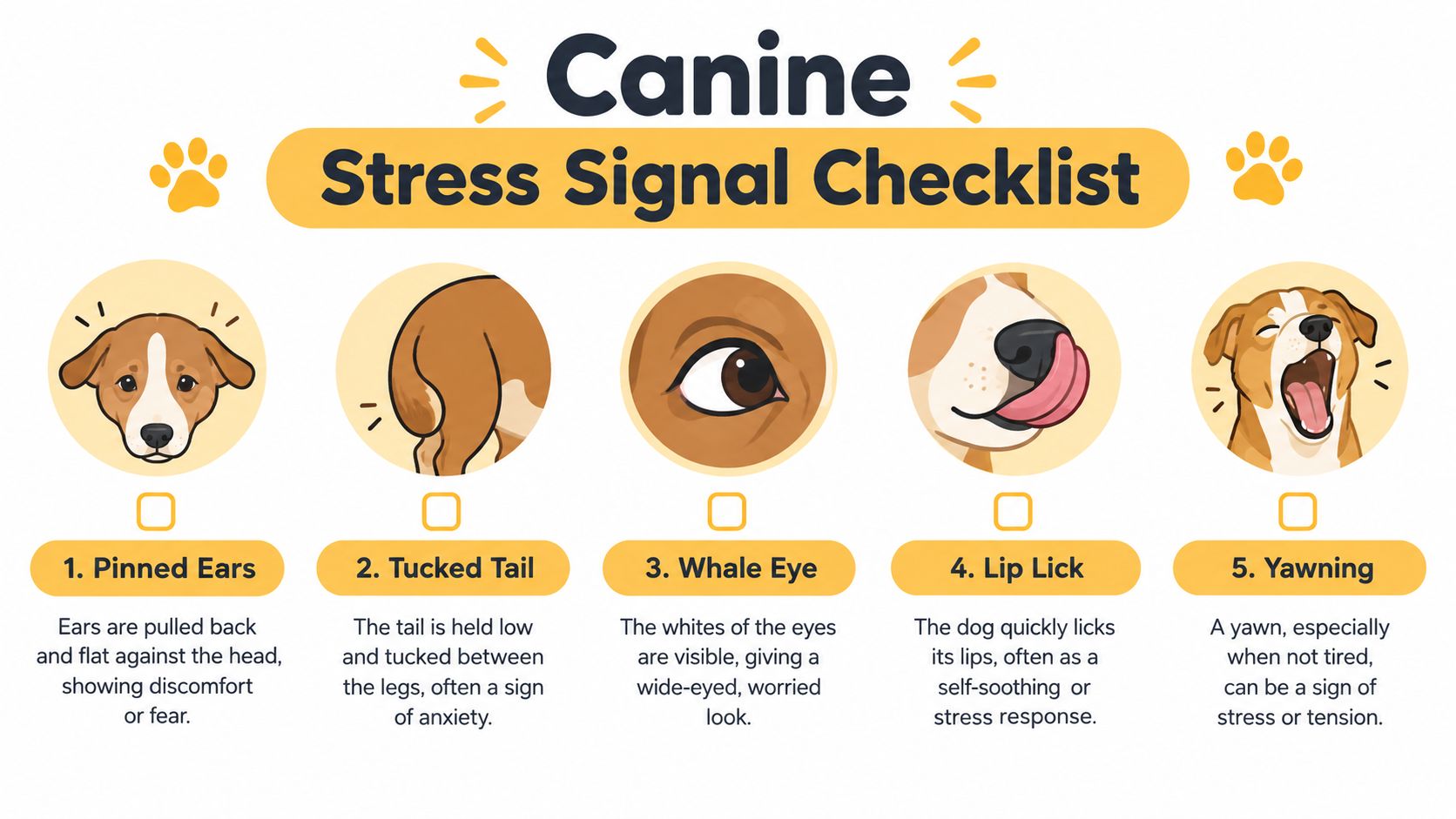 An infographic illustrating five common canine body language signals that indicate stress in dogs.