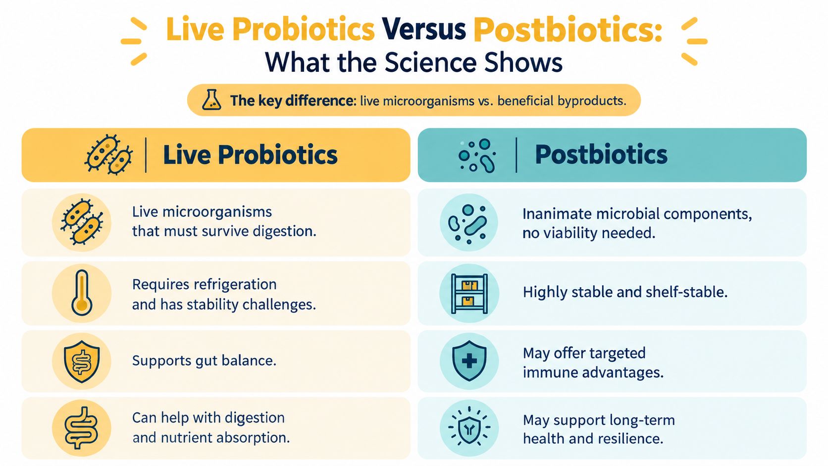 A comparison chart showing the differences between live probiotics and postbiotics including their characteristics and health benefits.