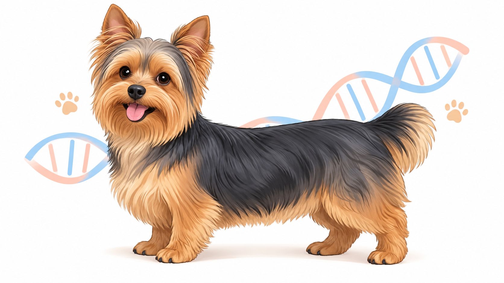 A charming illustration of a Yorkshire Terrier mixed breed dog standing against a soft DNA background