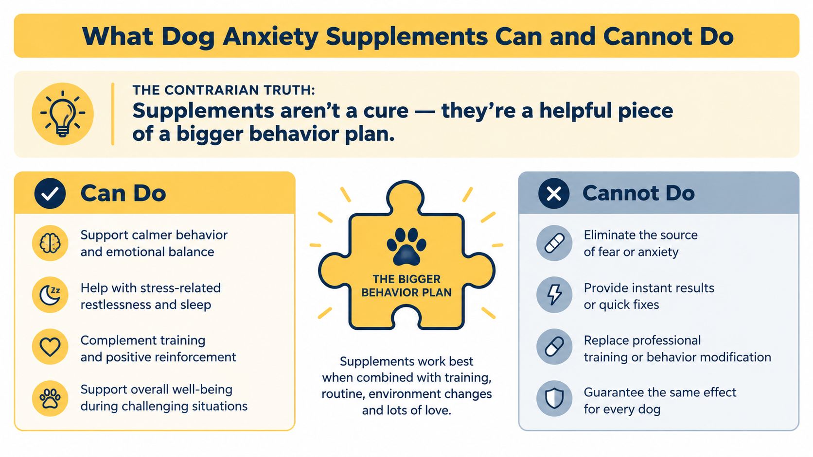 An infographic titled What Dog Anxiety Supplements Can and Cannot Do, explaining their role in behavioral plans.