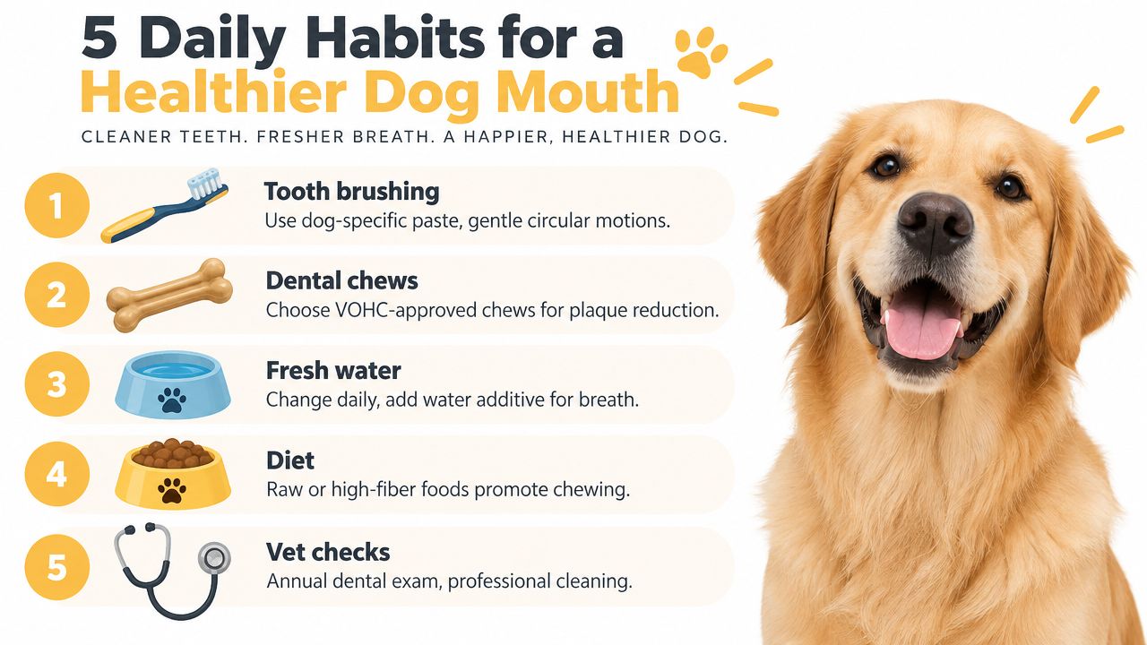 An infographic listing five daily habits to ensure a healthier mouth, cleaner teeth, and fresher breath for dogs.