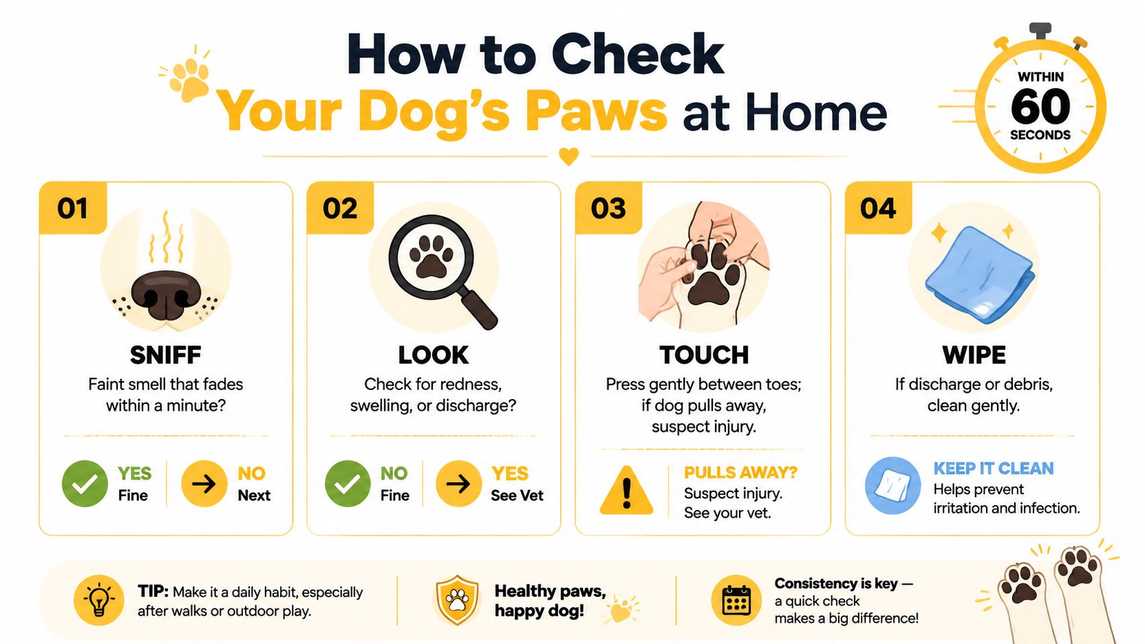 An infographic titled How to Check Your Dog's Paws at Home with four simple daily inspection steps.