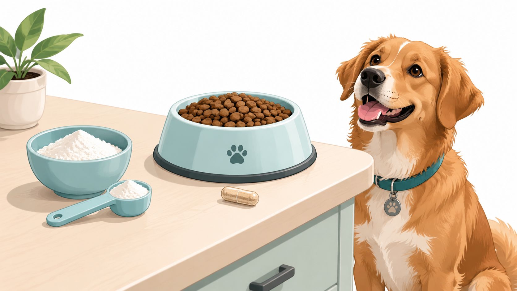 A happy dog sitting beside a bowl of kibble, a bowl of powder, and a supplement capsule.