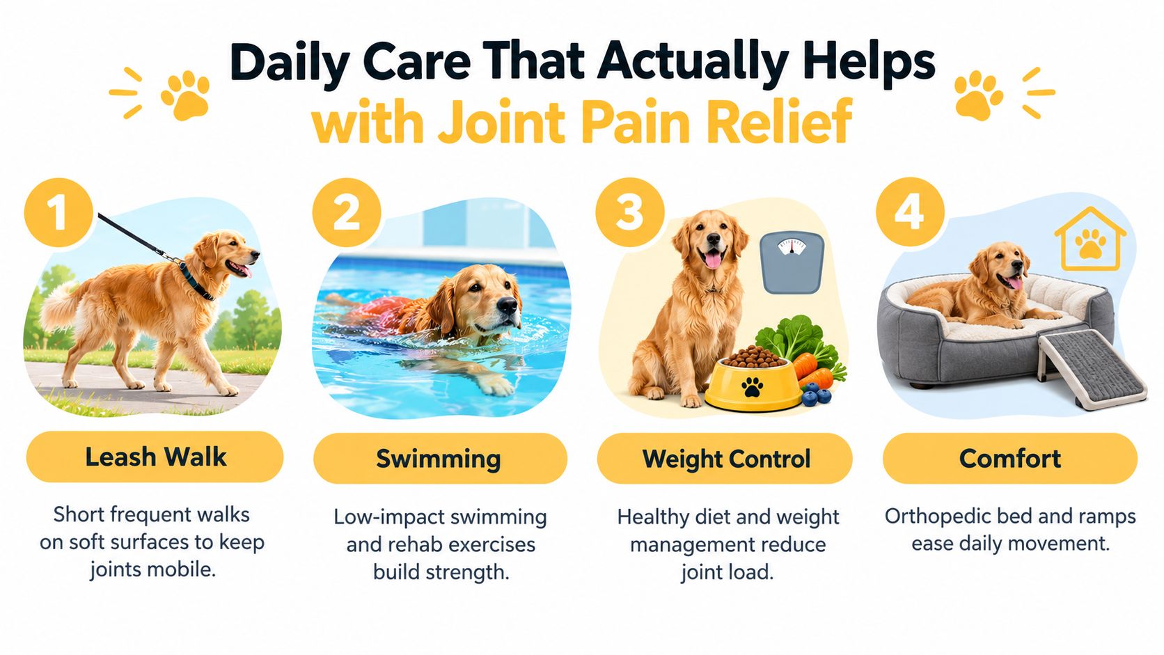 An infographic showing four daily care tips to help dogs with joint pain relief and mobility.