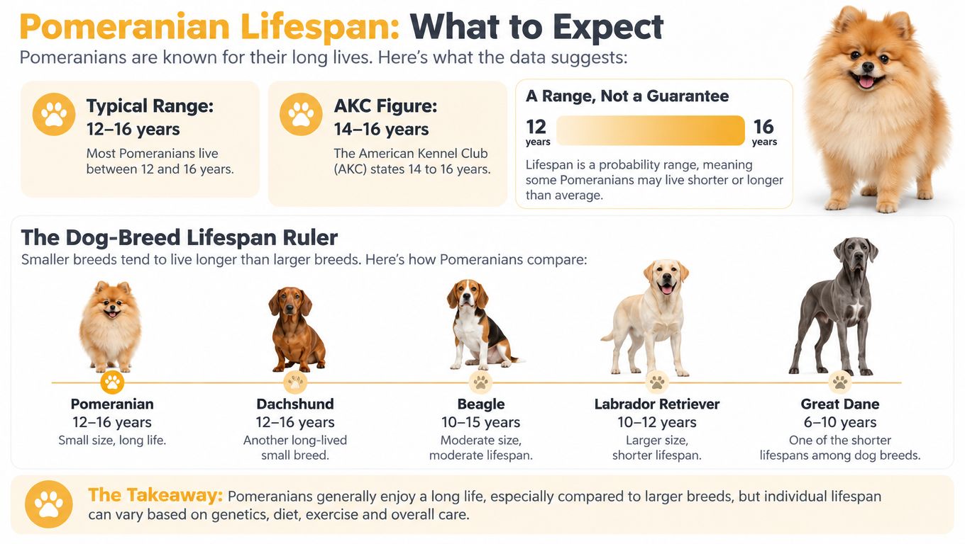 An informative infographic detailing the typical lifespan of Pomeranian dogs compared to other common dog breeds.