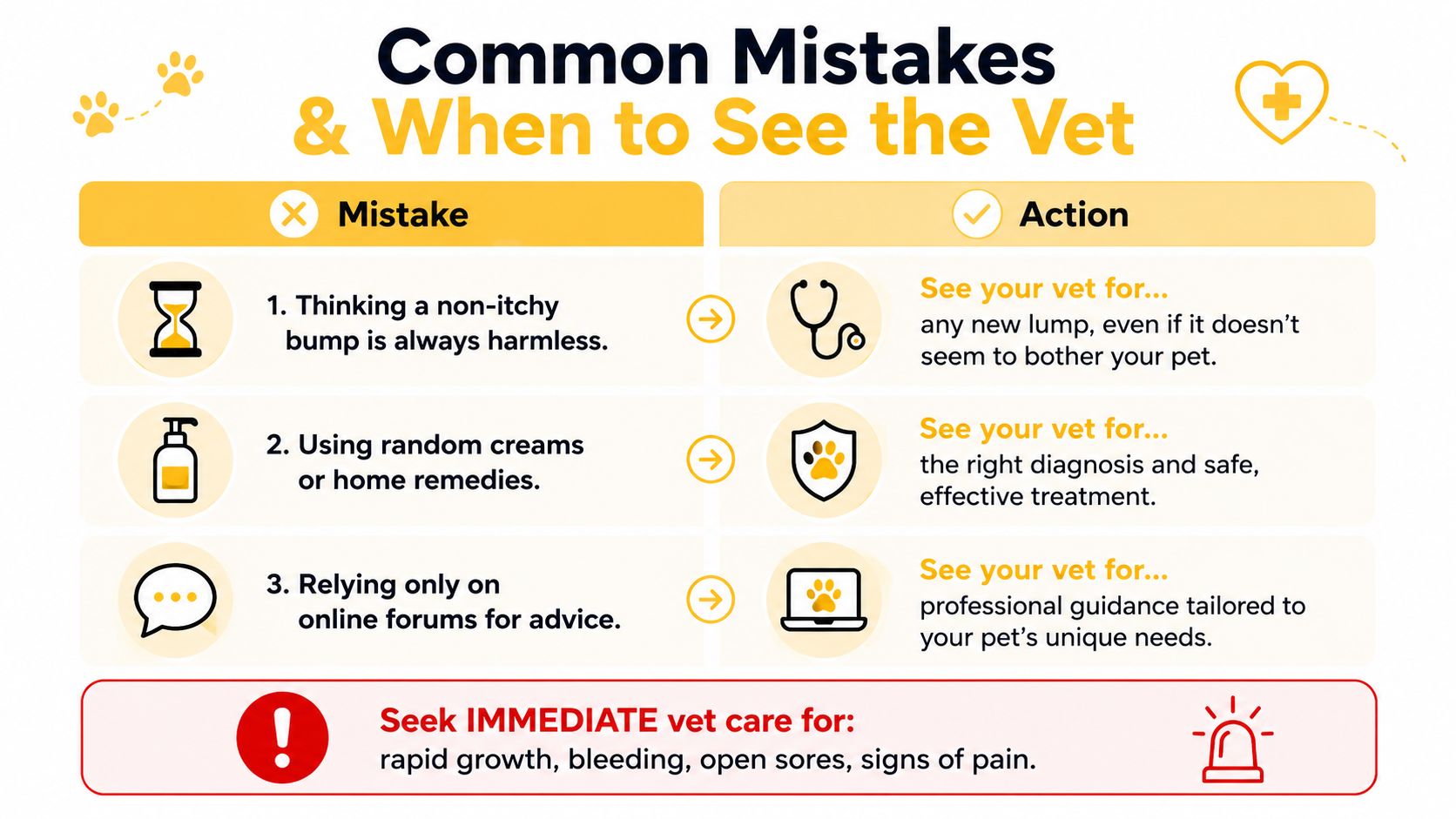 A helpful infographic listing common pet owner mistakes regarding skin lumps and when to seek veterinary care.