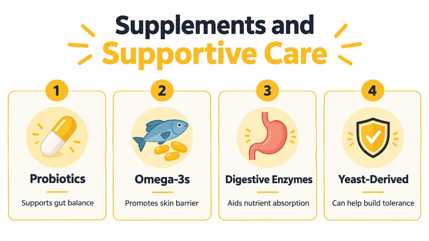A diagram illustrating four types of health supplements for dogs with their specific supportive benefits.