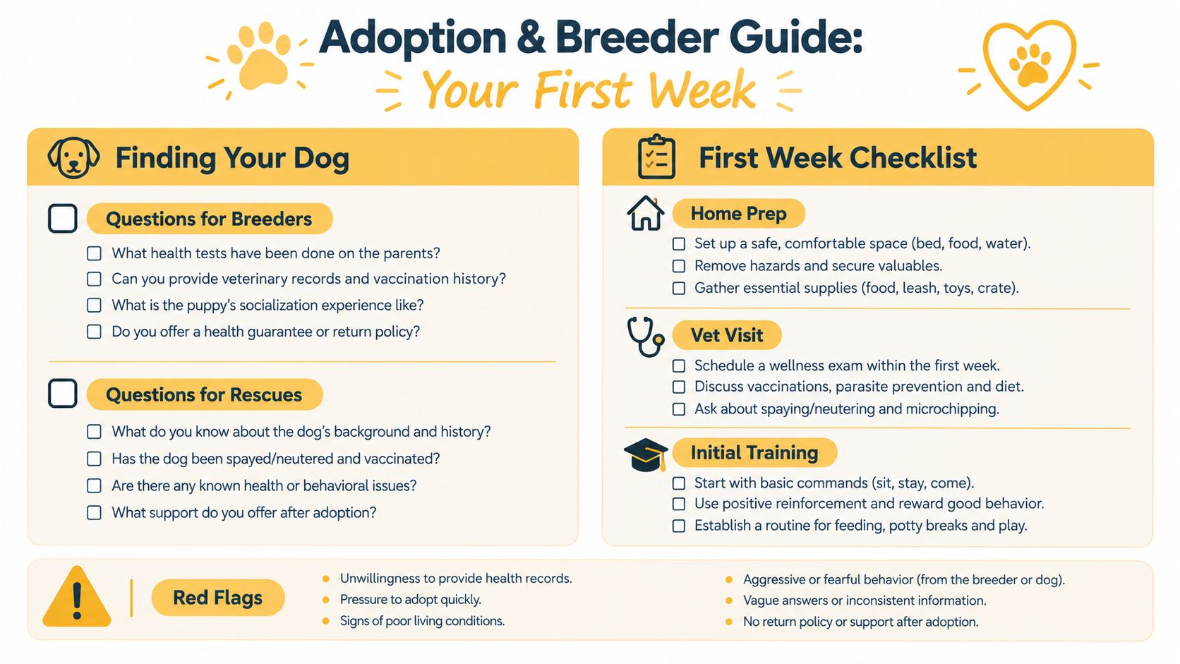 An infographic titled Adoption & Breeder Guide: Your First Week, featuring checklists for prospective dog owners.