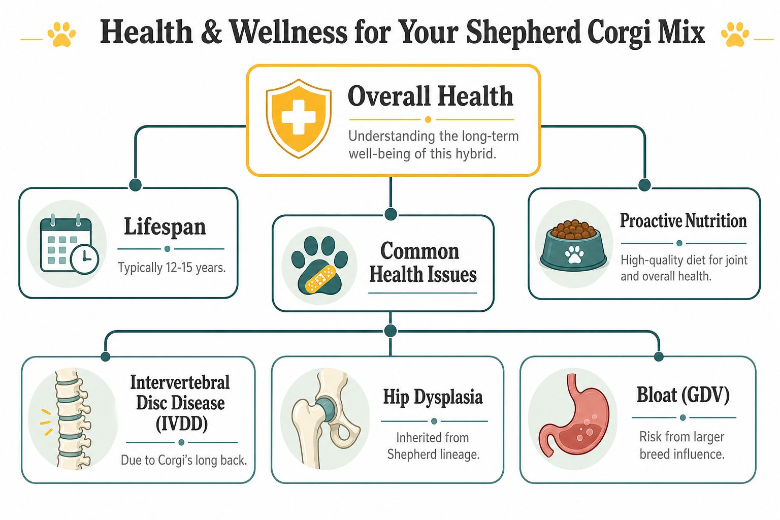 An infographic detailing the typical lifespan, health issues, and nutritional needs for a Shepherd Corgi mix.