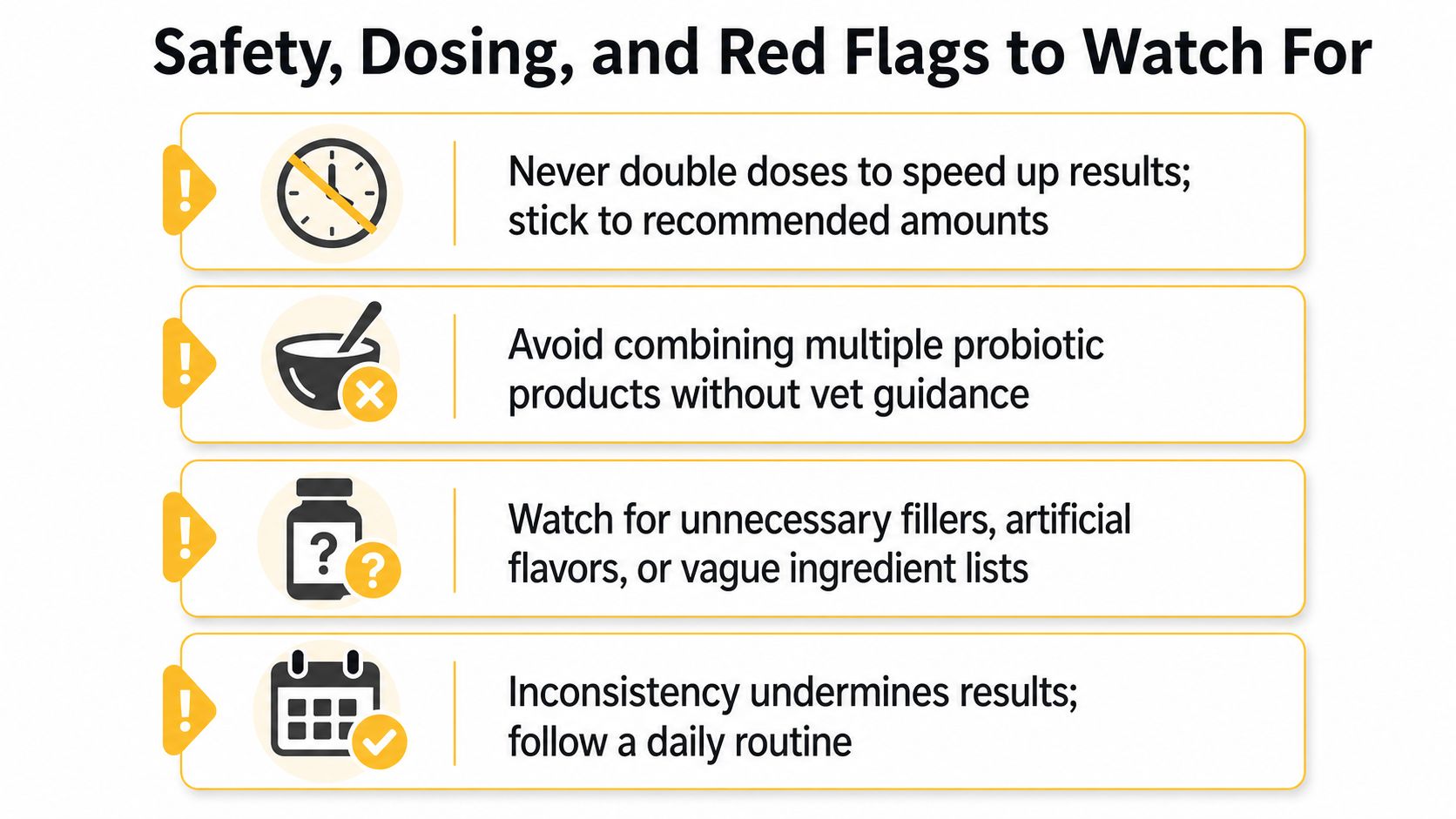 An infographic titled Safety, Dosing, and Red Flags to Watch For regarding pet probiotic supplement usage.