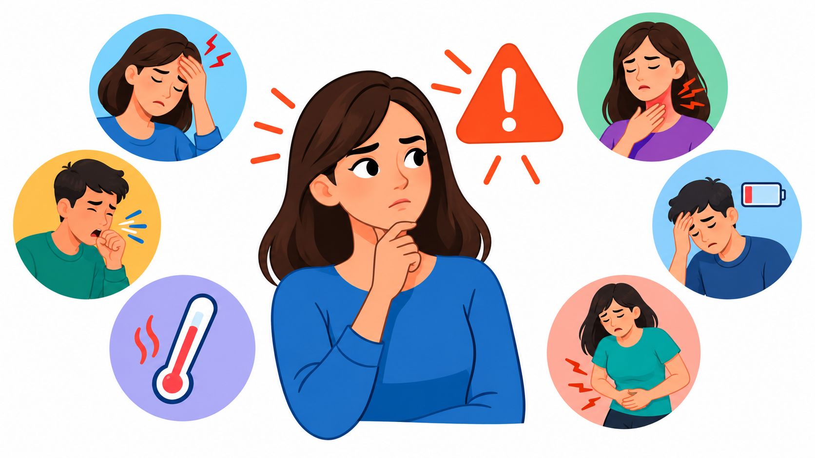 A concerned young woman surrounded by icons representing various physical symptoms of illness and health issues.