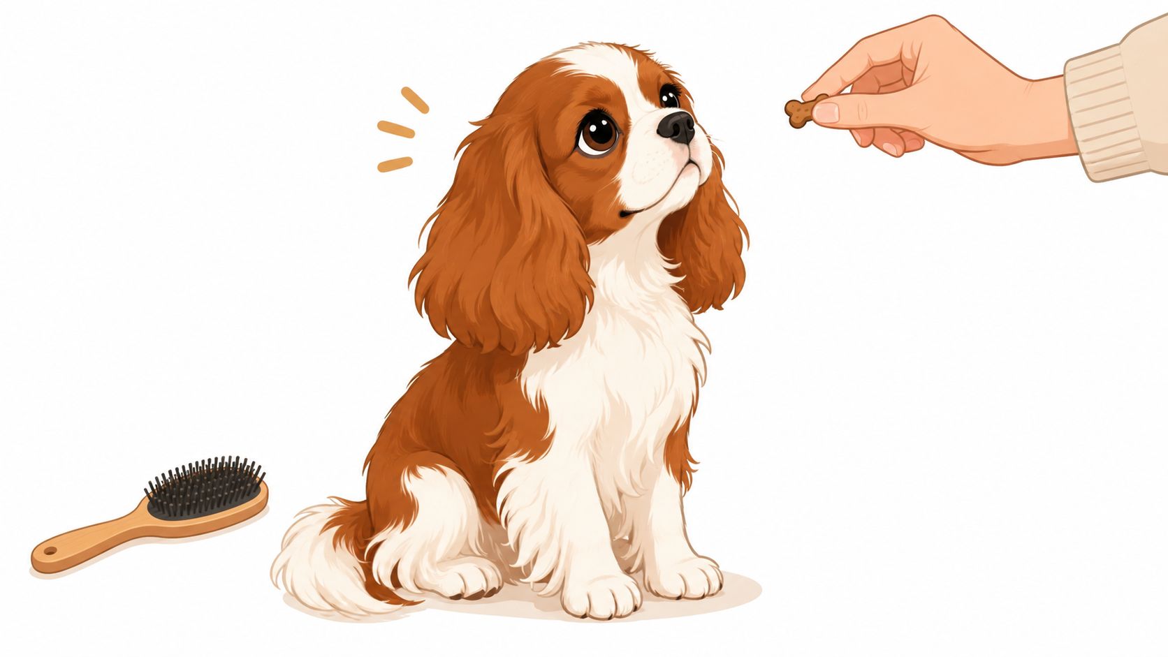 A cute Cavalier King Charles Spaniel looking up at a hand holding a dog treat for training.