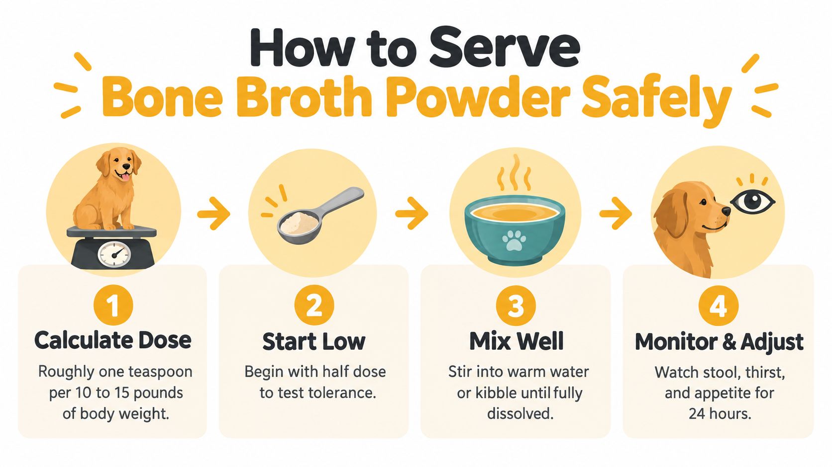 An infographic showing four steps to safely serve bone broth powder to your dog.