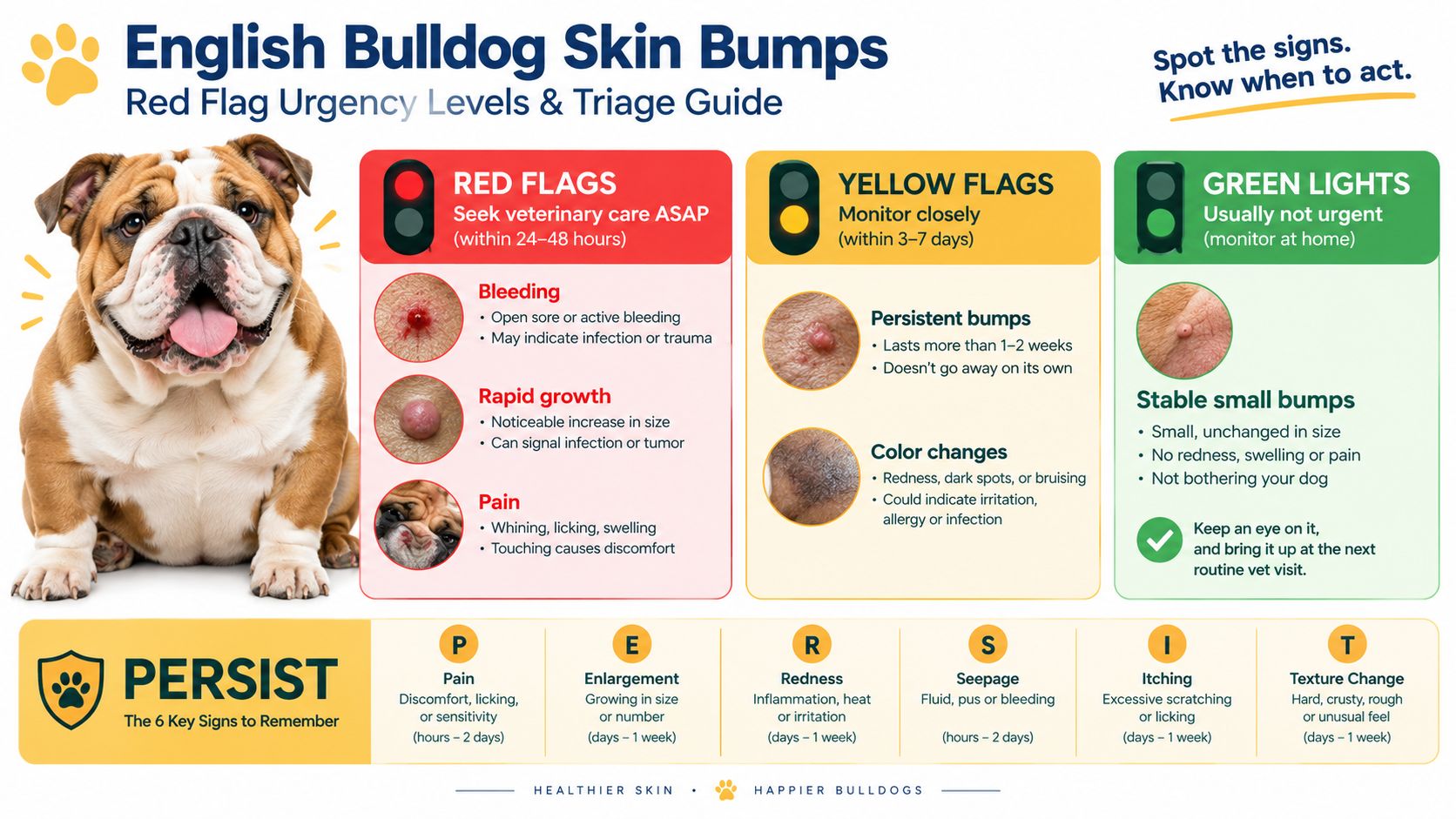 An informative infographic guide for English Bulldog owners about identifying and triaging various skin bumps and issues.