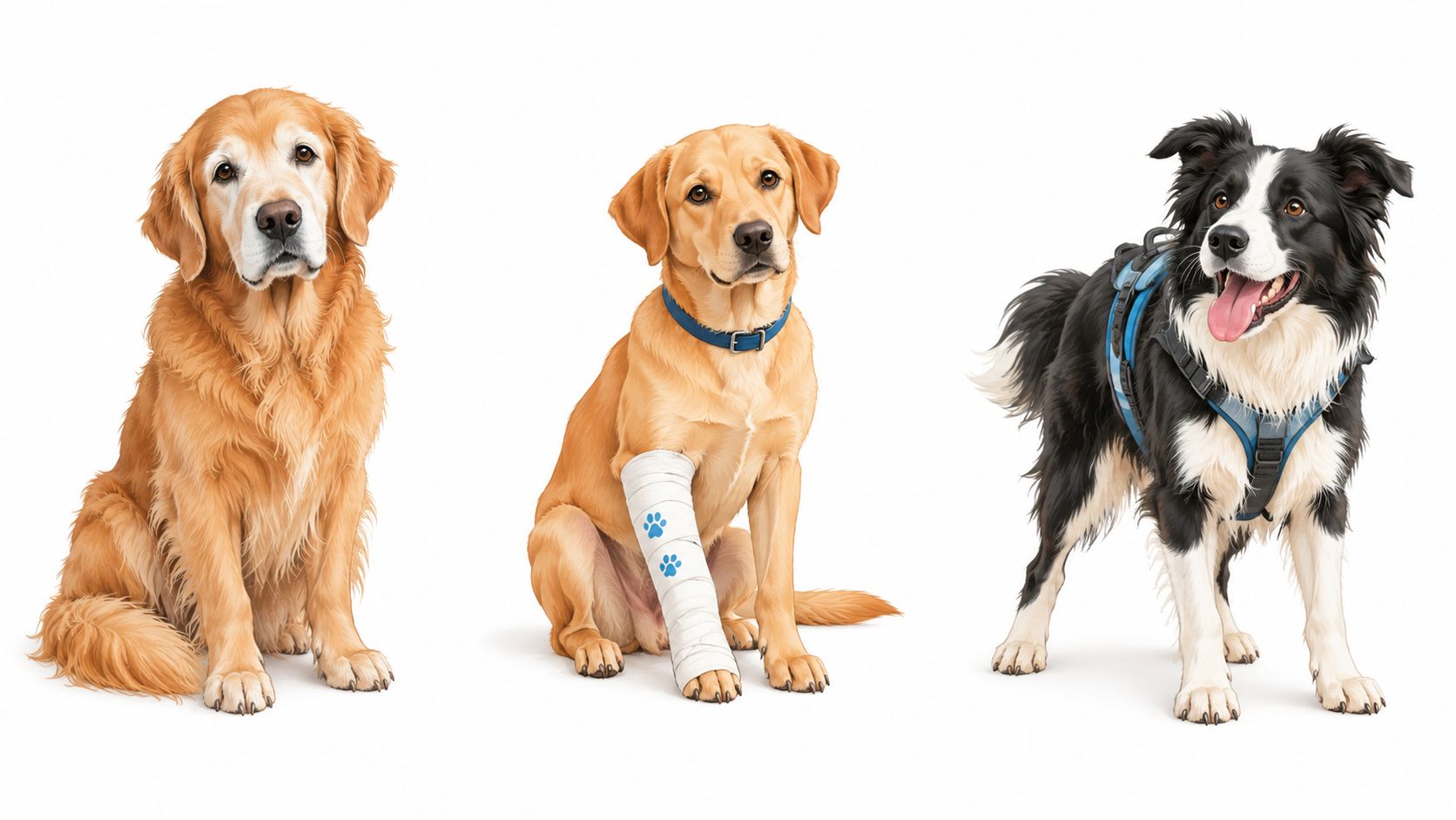 Three different breeds of dogs sitting together, including a golden retriever, an injured dog, and a border collie.
