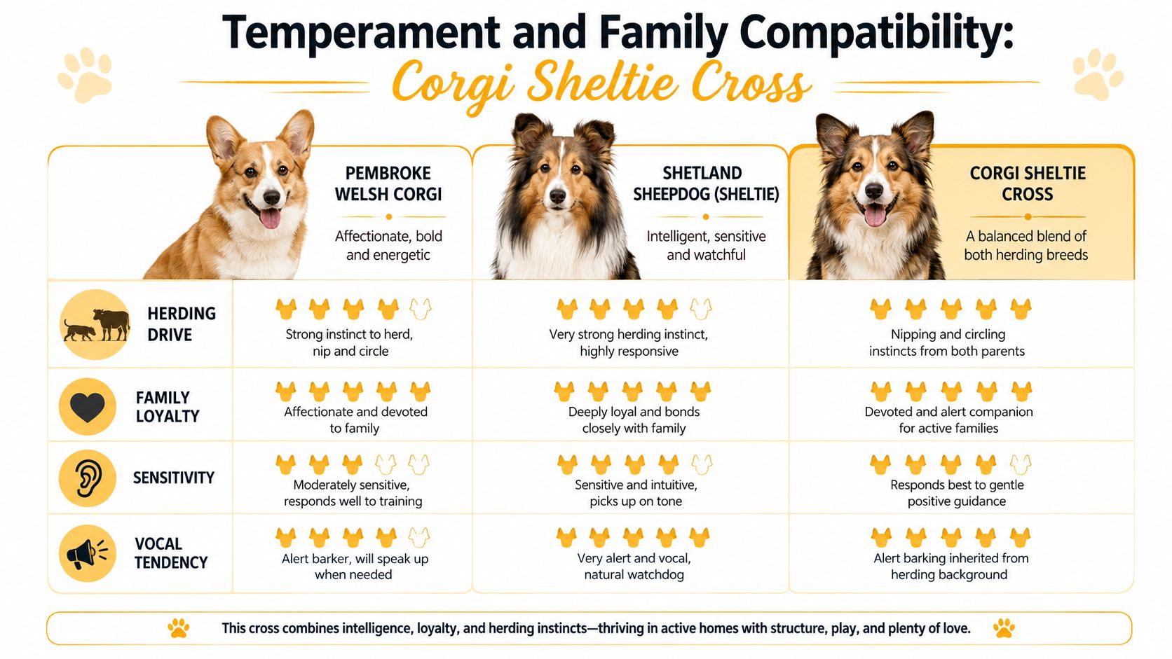 A comparison chart showing the temperament traits of a Corgi, a Sheltie, and a Corgi Sheltie cross.