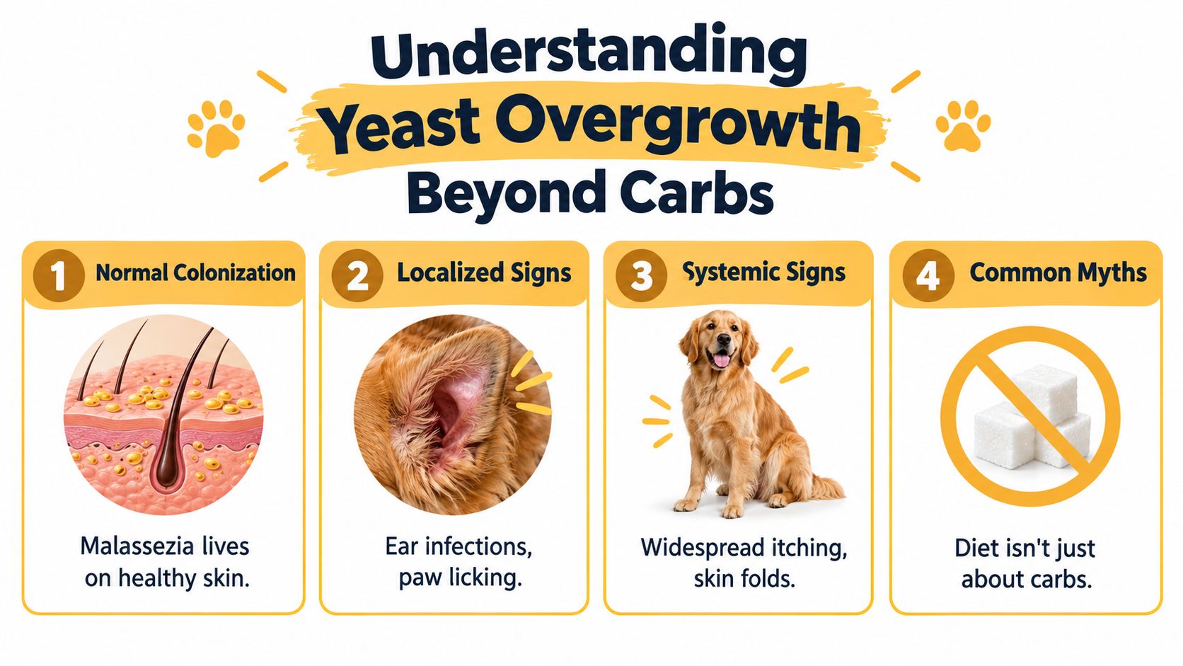 An infographic titled Understanding Yeast Overgrowth Beyond Carbs explaining signs and myths regarding canine yeast infections.