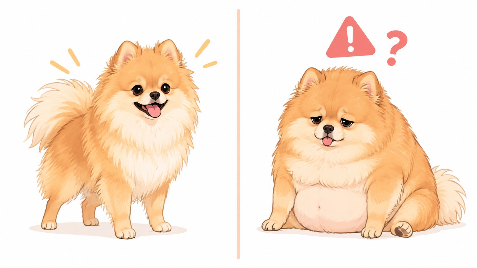 A split image showing a healthy, active Pomeranian versus an overweight, lethargic Pomeranian with a warning symbol.