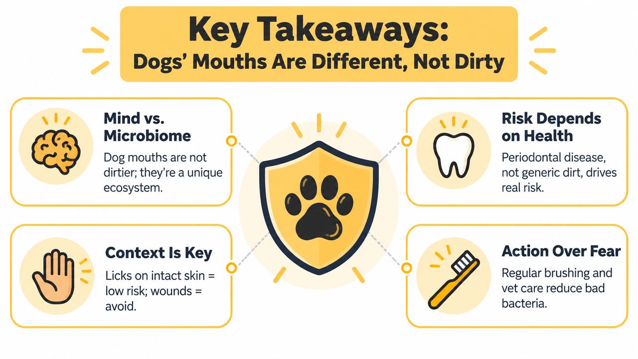 An infographic summarizing key facts about dog mouth hygiene, debunking myths about them being inherently dirty.