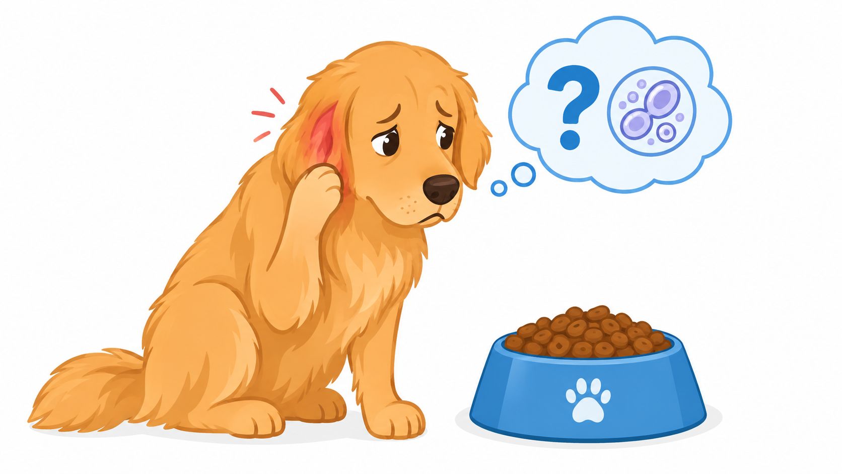 A golden retriever sitting sadly while scratching an irritated red ear next to a bowl of dog food.