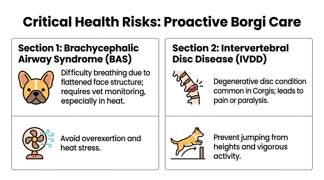 An infographic titled Critical Health Risks: Proactive Borgi Care, detailing Brachycephalic Airway Syndrome and Intervertebral Disc Disease.