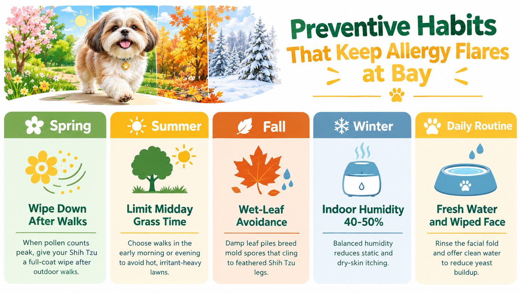 A helpful infographic showing seasonal preventive habits to manage allergy flare-ups for a Shih Tzu dog.