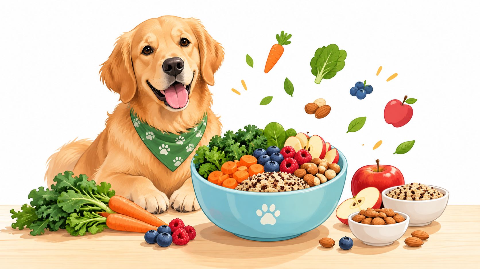A happy golden retriever dog sitting next to a large bowl filled with fresh vegetables and grains.
