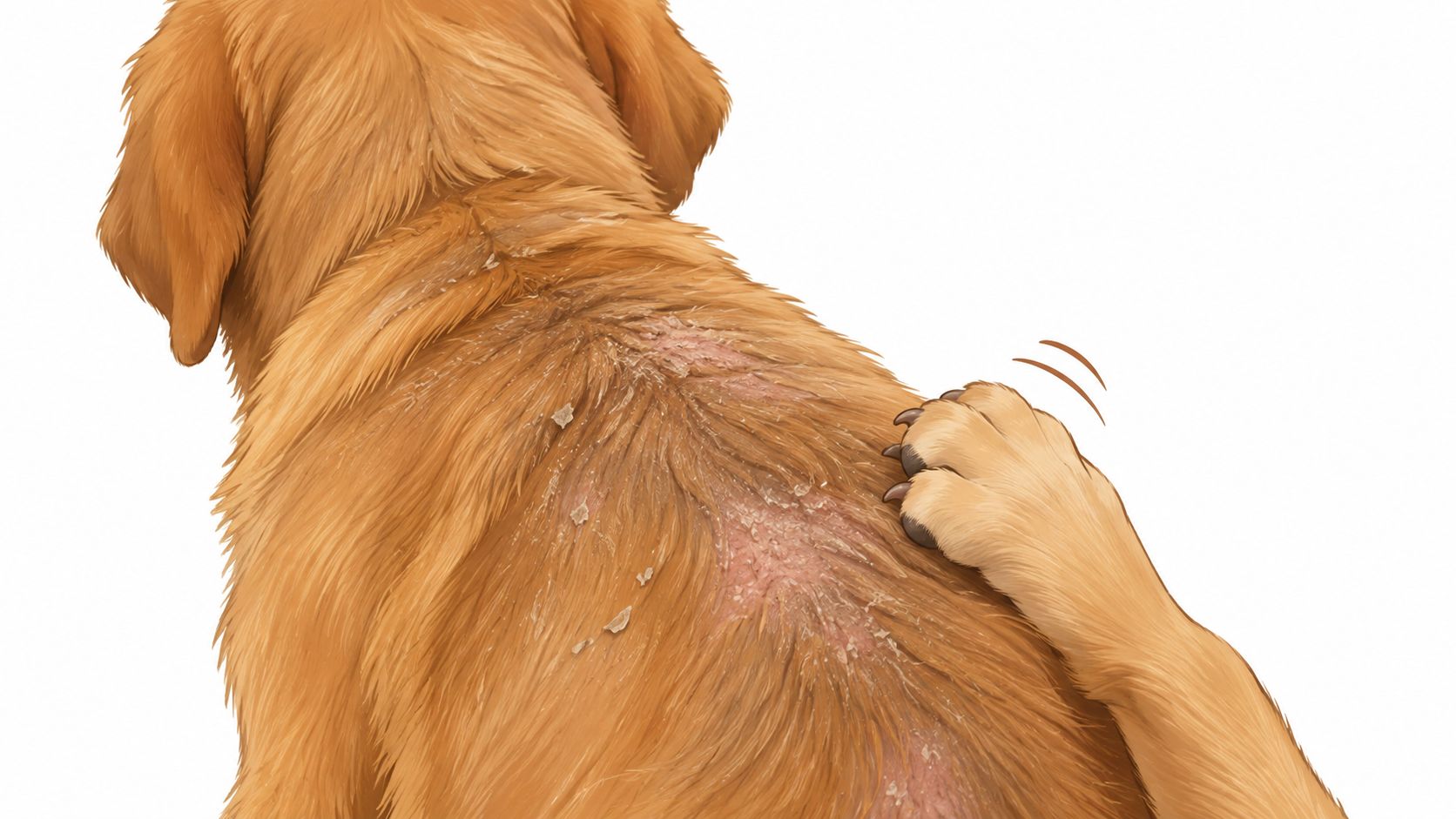 A golden dog scratching its itchy, dry, and flaky skin on its back with its hind paw.