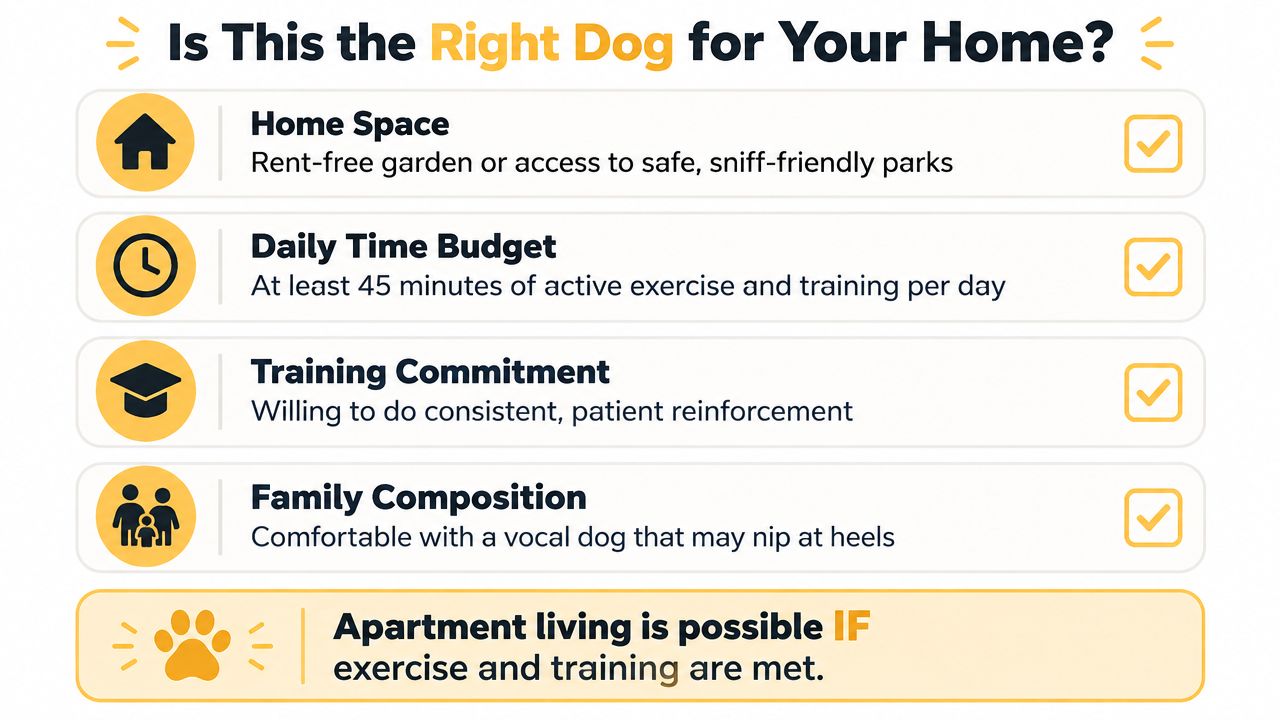 A checklist infographic titled Is This the Right Dog for Your Home with requirements for potential owners.