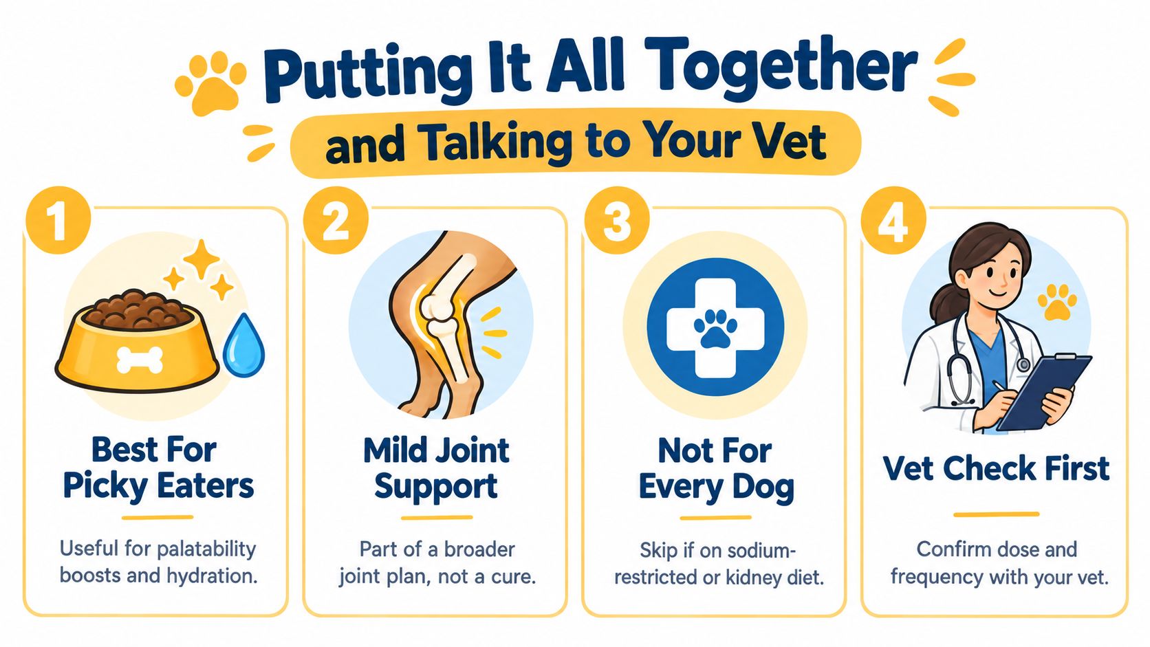 An infographic titled Putting It All Together and Talking to Your Vet explaining usage tips for pet supplements.