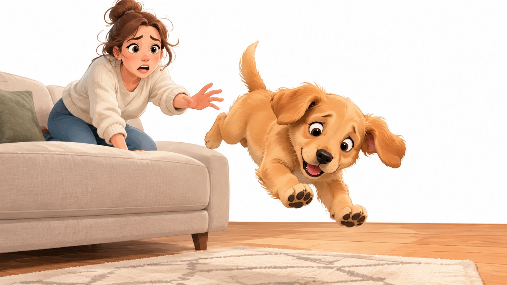 A young woman on a couch looking surprised as an energetic golden retriever puppy jumps in front.