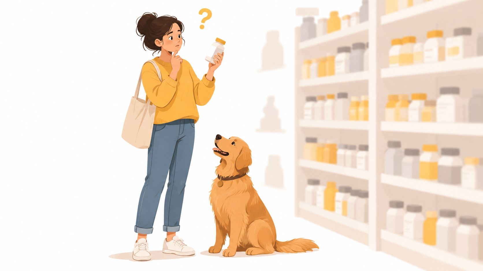 A young woman stands in a pharmacy holding a supplement bottle while looking down at her golden retriever.
