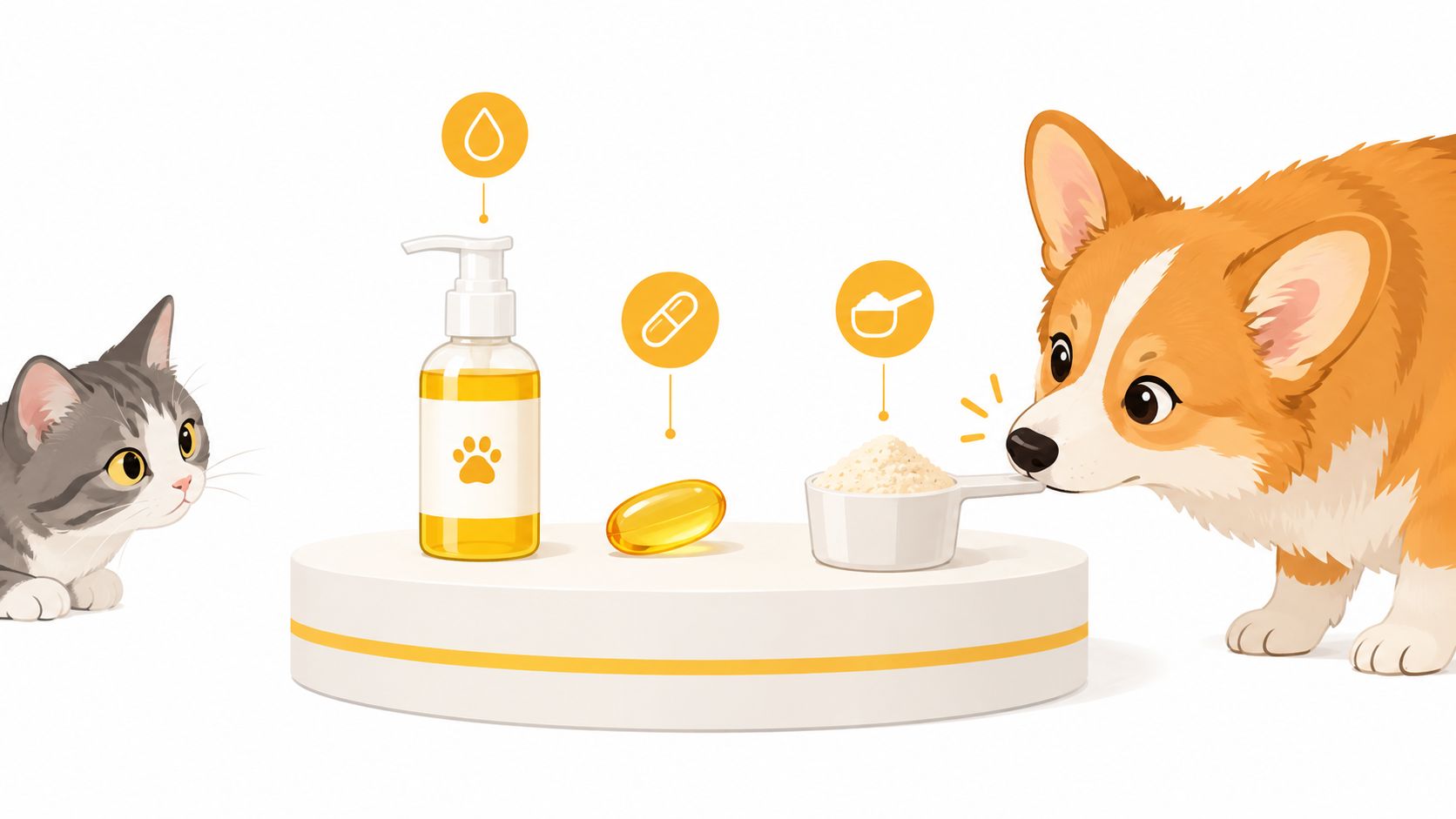A cute cat and a corgi puppy observing various pet supplement forms like oil, capsule, and powder.