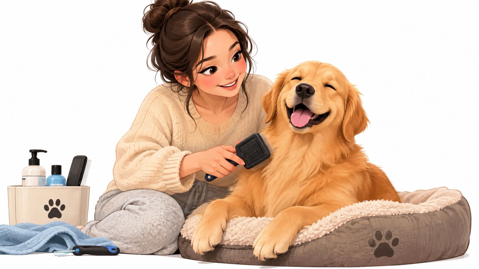 A young woman brushing her happy golden retriever dog in a cozy pet bed with grooming supplies.