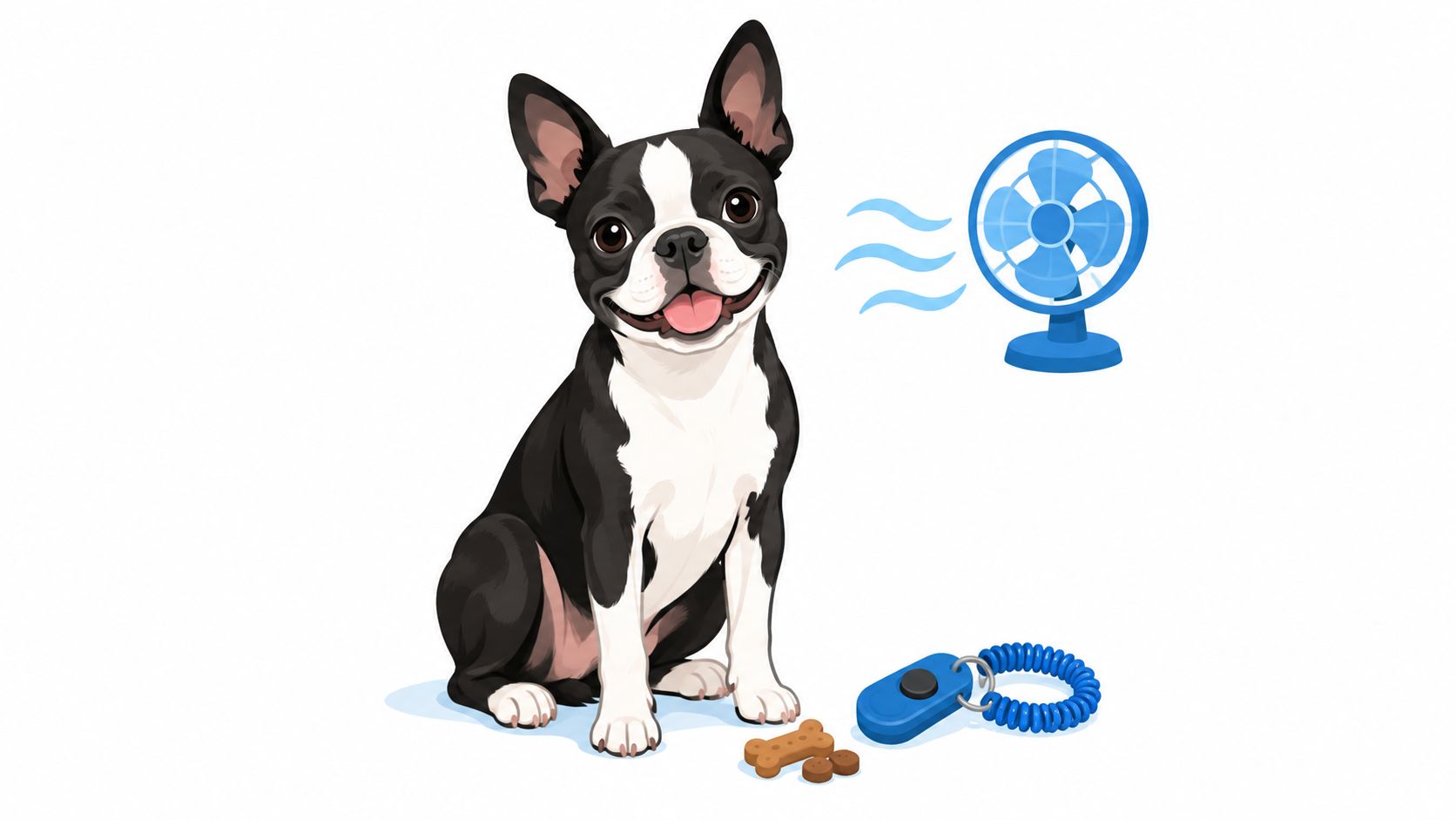 A happy Boston Terrier sitting on the floor with a training clicker and a dog treat nearby.