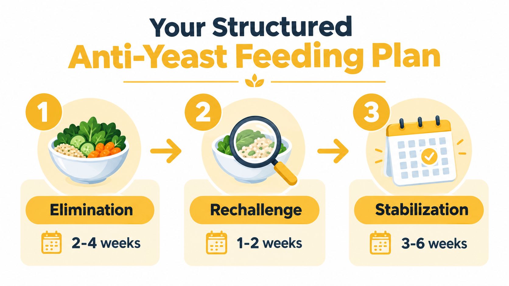 A graphic illustration detailing a three-step structured anti-yeast feeding plan with elimination, rechallenge, and stabilization phases.