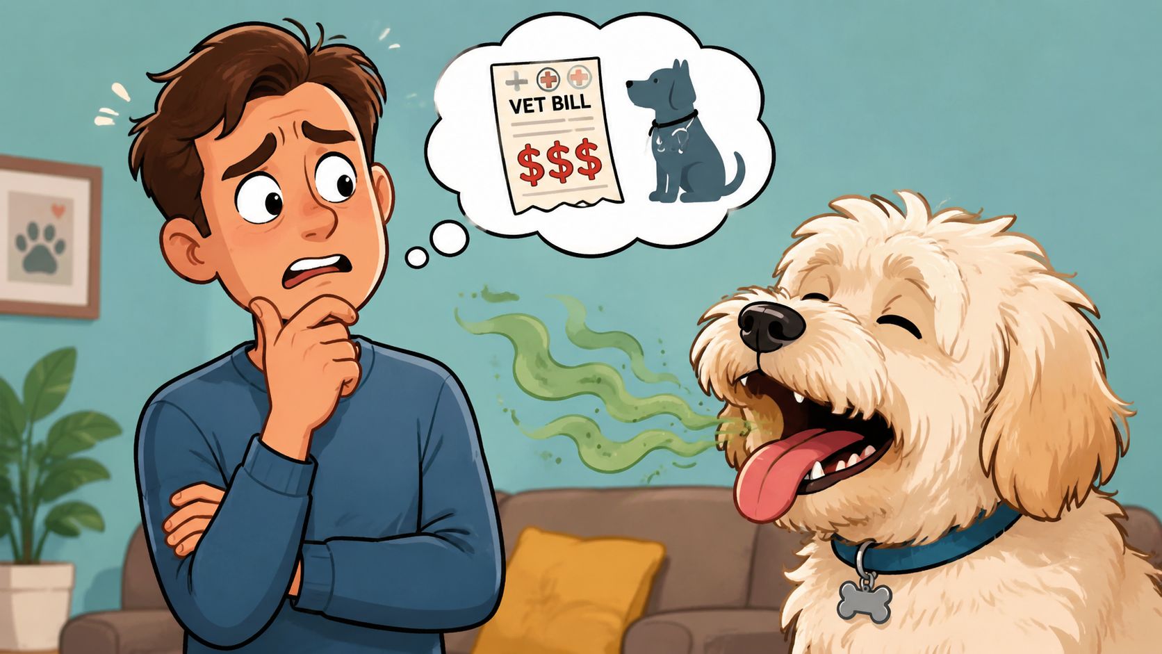 A concerned dog owner worries about potential veterinary costs due to his pet dog's bad breath.