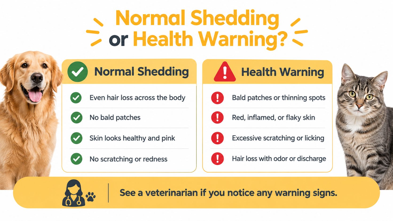 An infographic comparing normal pet shedding with health warning signs like bald patches or skin irritation.