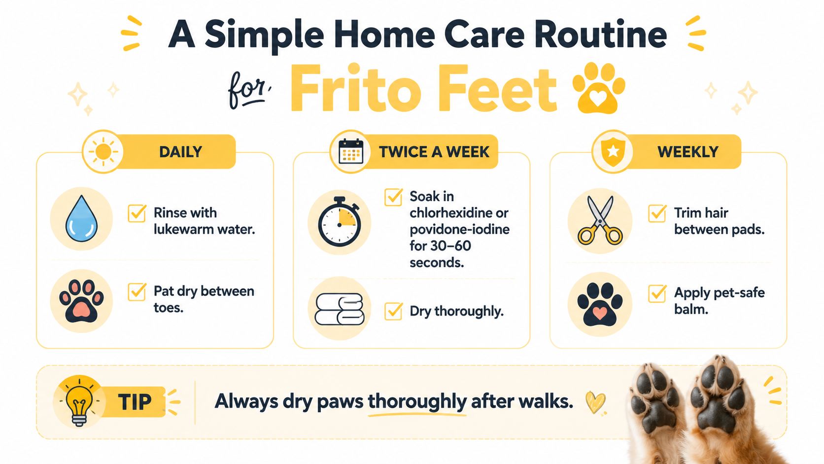 An infographic titled A Simple Home Care Routine for Frito Feet, detailing daily, twice weekly, and weekly steps.