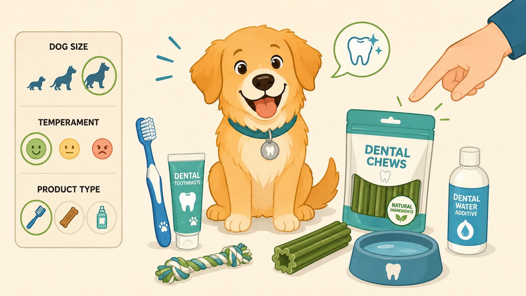 An illustration showing a golden retriever dog surrounded by various canine dental care products and cleaning tools.