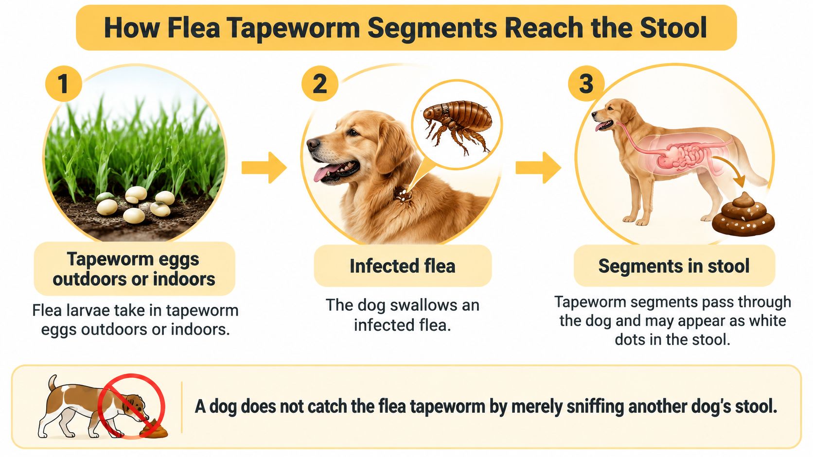 An infographic showing the cycle of how dogs contract flea tapeworms through the ingestion of infected fleas.