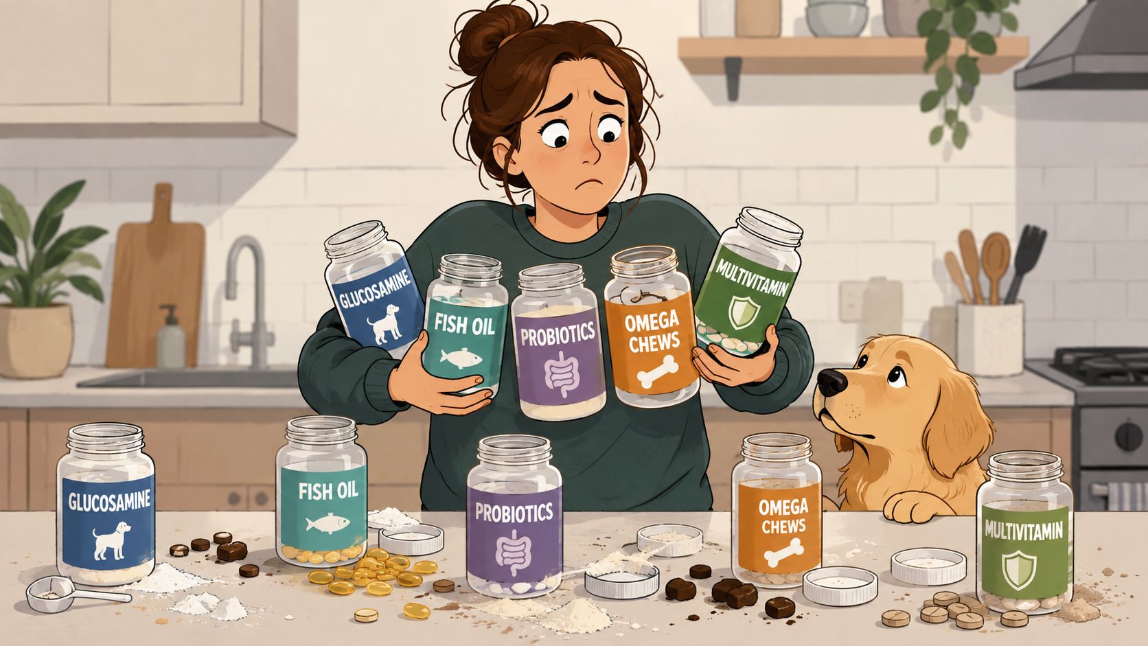 A concerned person holding various supplement jars for their golden retriever dog in a kitchen setting.