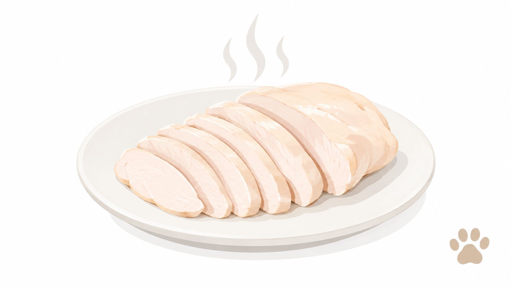 A plate of tender sliced cooked chicken breast, ideal for pets or people with sensitive stomachs.