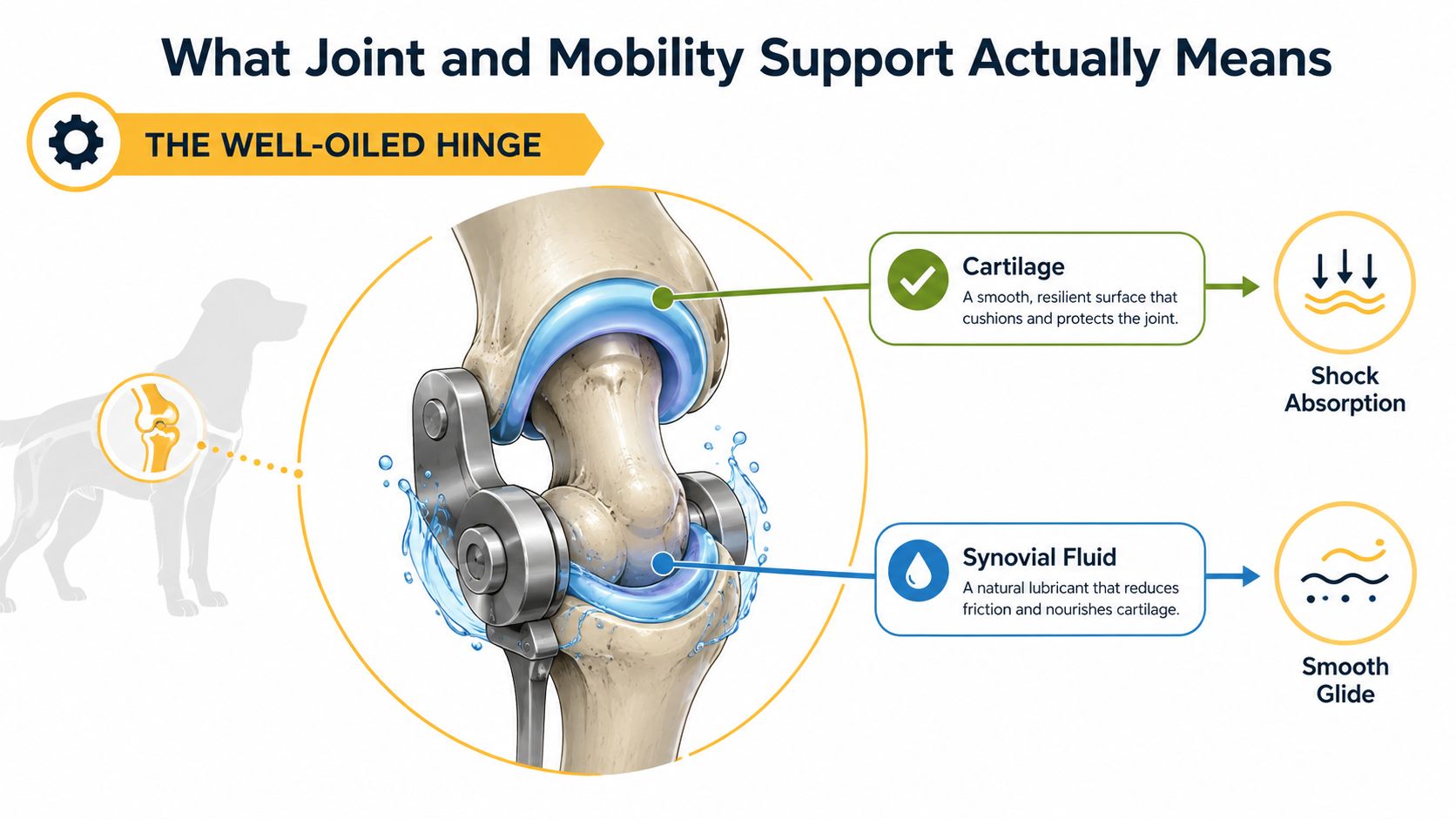 An educational diagram illustrating dog joint anatomy, specifically cartilage and synovial fluid for joint mobility support.