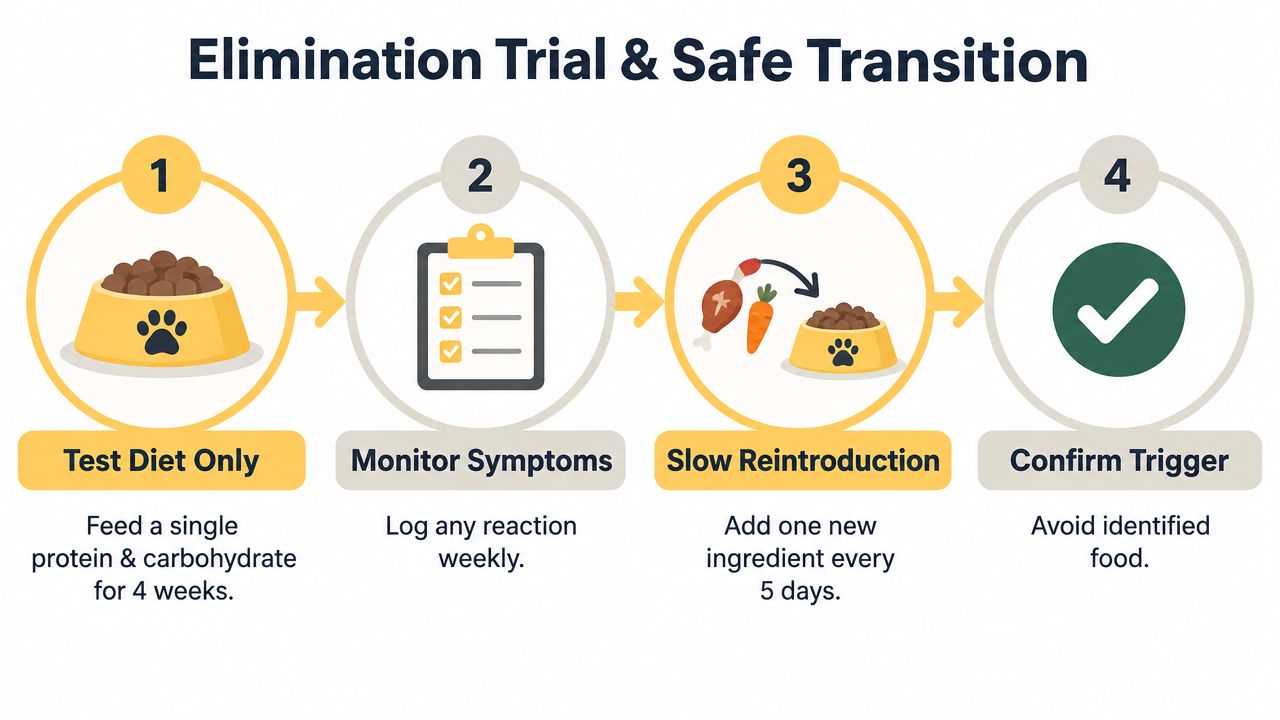 A four-step infographic illustrating a pet food elimination trial and safe transition process for sensitive stomachs.