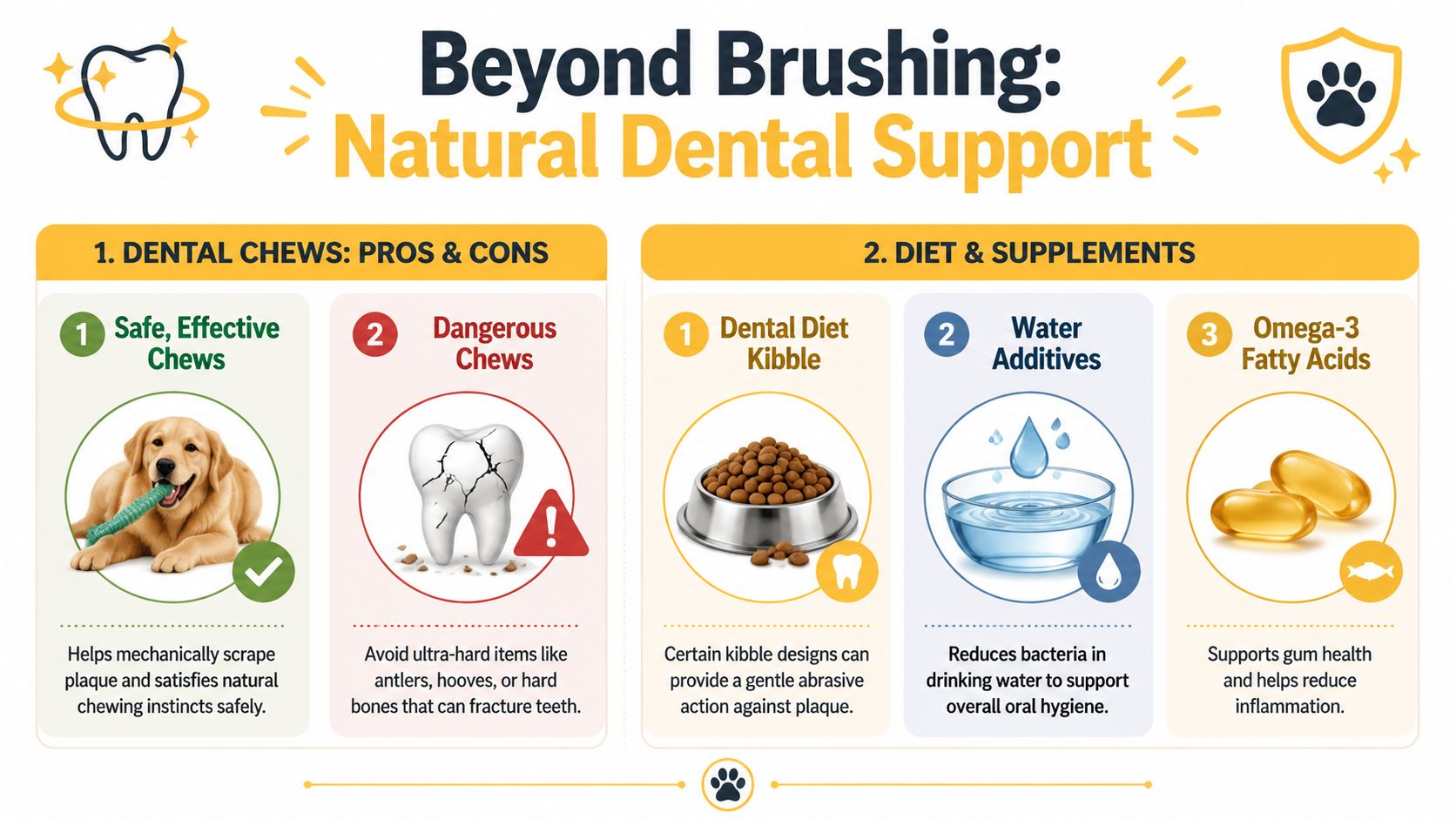 An infographic illustrating natural dog dental care options, including safe chews, diet, and beneficial health supplements.