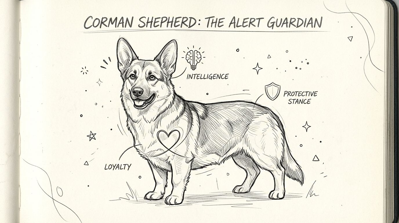 A line art sketch in a journal of a Corman Shepherd dog labeled with intelligence, loyalty, and protection.