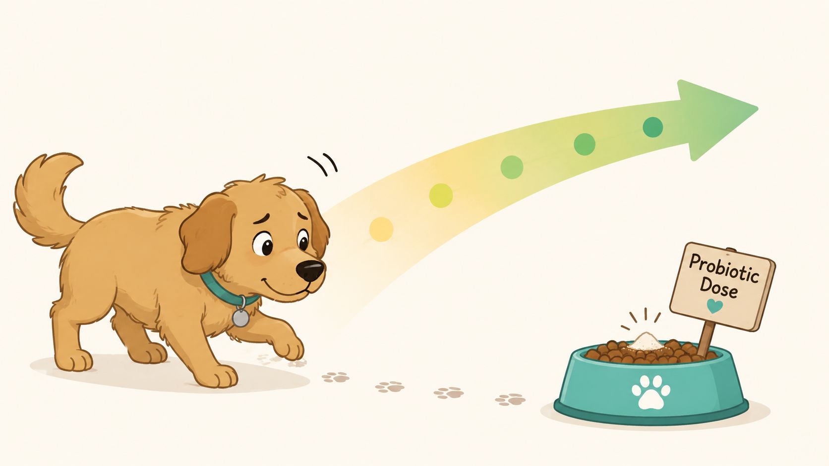 A happy puppy approaches a food bowl containing a probiotic dose, represented by an upward trending arrow.