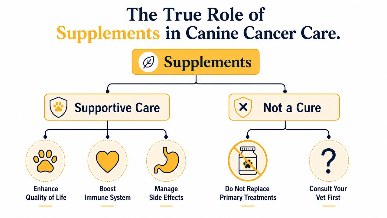 An infographic explaining that supplements in canine cancer care provide supportive care but are not a cure.